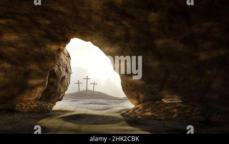 Grabtuch in leerem Grab, Auferstehung Jesu Christi, Kreuzigung, 3D Rendering Stockfoto