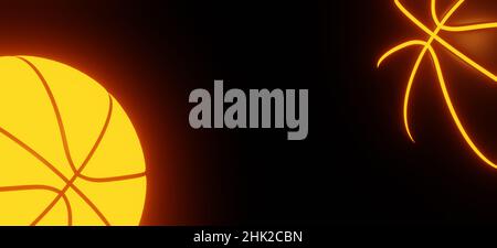 Schwarzer Basketball mit orange leuchtenden Nähten auf dunklem Hintergrund, 3D Rendering Stockfoto