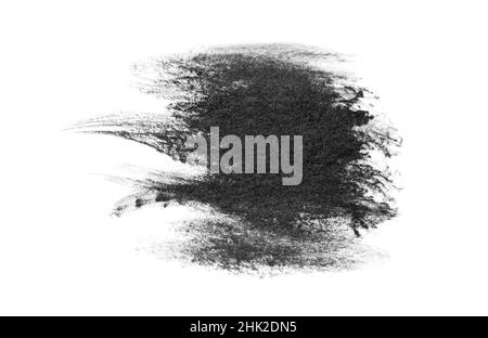 Schwarzer Pinsel streichelt Ölfarben auf weißem Papier. Isoliert auf weißem Hintergrund. Stockfoto