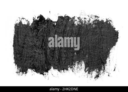 Schwarzer Pinsel streichelt Ölfarben auf weißem Papier. Isoliert auf weißem Hintergrund. Stockfoto