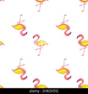 Isoliertes Nahtloses Muster mit rosa und gelbem Flamingo-Ornament. Weißer Hintergrund. Doodle-Grafik. Grafikdesign für Geschenkpapier und fabr Stock Vektor