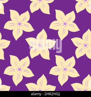 Kontrastierende nahtlose Doodle-Muster mit gelben Licht tropisch Blumen Ornament. Heller violetter Hintergrund. Vektorgrafik für saisonale Textildrucke, Stock Vektor