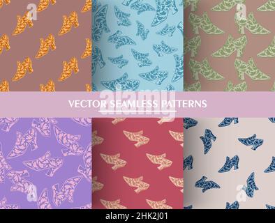 Set aus nahtlosen Frauen Mode Stiefel Muster. Zubehör Hintergrundkollektion. Doodle-Stil. Vektorgrafik für saisonale Textildrucke, Stoff, Stock Vektor