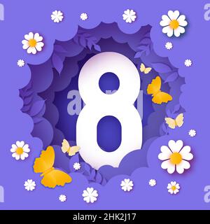 Niedliche Frühlingsszene für Urlaubsflyer und Banner-Design. Abstrakte Papier geschnitten Blumen, Blätter und Schmetterlinge. Trendige Blume zeitgenössische Kunst. 8 März Stock Vektor