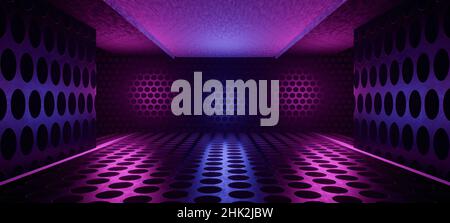 Metallic Retro Synth Laser Neon Modern Sci Fi Futuristic Reflektierende Textur Metall Boden Dunkel Lagerhaus Garage Untergrund Cyber Hintergrund 3D Renderin Stockfoto