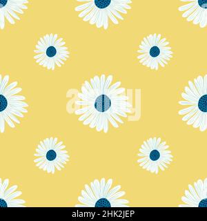 Scrapbook Botanic nahtlose Muster mit einfachen weißen Gänseblümchen Ornament. Gelber pastellfarbener Hintergrund. Flacher Vektordruck für Textil, Stoff, Geschenkdrap Stock Vektor