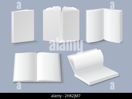 Buchmodup-Set, Vektorgrafik. Weißes, unbeschriftete Broschüre, Broschüre, Zeitschriftencover. Hardcover, Softcover-Buchvorlagen Stock Vektor