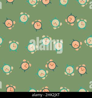 Dekoratives Nahtmuster mit Retro-Weckelementen. Grüner pastellfarbener Hintergrund. Ideal für Stoffdesign, Textildruck, Verpackung, Bezug. Stock Vektor
