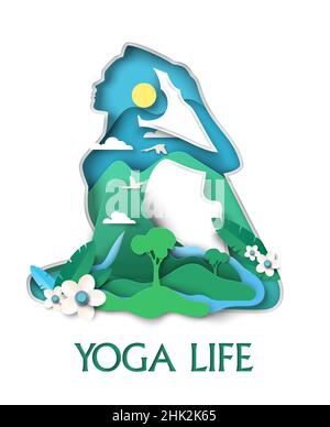 Frau Silhouette in Yoga-Pose mit der Natur, Vektor-Illustration in Papierkunst-Stil. Vorlage für Yoga Life Poster. Stock Vektor