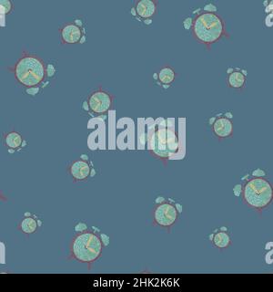 Scrapbook zufällig nahtlose Muster mit Wecker Vintage-Print. Blauer Hintergrund. Handgezeichneter Stil. Ideal für Stoffdesign, Textildruck, Verpackung, Stock Vektor