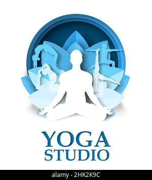 Yoga Studio Poster, Flyer Design Vorlage, Vektor Papier schneiden Illustration. Yoga-Posen, Kurse. Stock Vektor