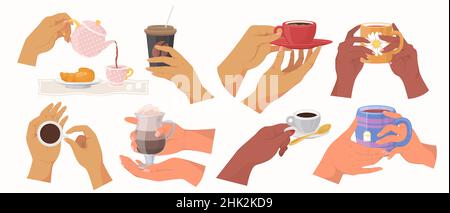 Frauen Hände halten Teetassen und Kaffeebecher, Vektor isolierte Illustration. Heiße Getränke zum Aufwärmen. Stock Vektor