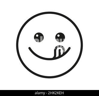 Lecker lächeln Emoji mit Zunge lecken Mund. Köstliches leckeres Essen Symbol für soziale Netzwerke. Lecker und hungrig Linie Symbol. Herzhaftes Gourmet-Essen. Genießen Sie Essen Schild Stock Vektor