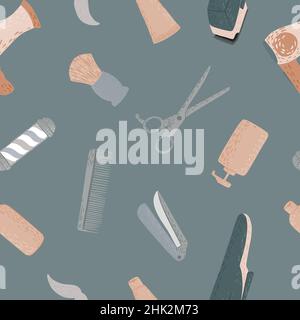 Nahtloses Muster-Friseursalon in Doodle auf grauem Hintergrund. Vintage Retro Instrumente Friseur für Vorlage. Modern, kreativ und flach. Vektor-Illus Stock Vektor