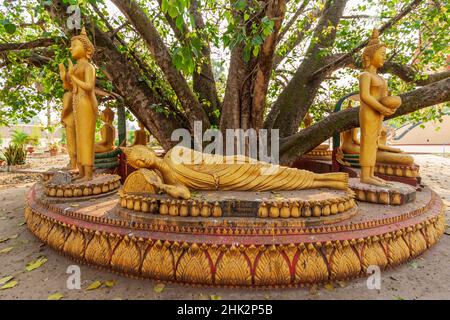 Buddhistische Statuen um Pha, die Luang, (große Stupa in Lao) ist eine buddhistische Stupa, Vientiane, der Hauptstadt von Laos, Südostasien Stockfoto