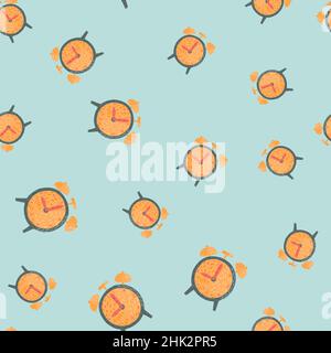 Zufällige, abstrakte, nahtlose Muster mit leuchtend orangenen Weckelementen. Pastellblauer Hintergrund. Ideal für Stoffdesign, Textildruck, Verpackung, Co Stock Vektor