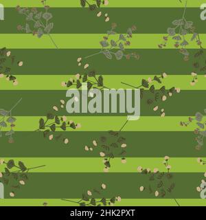 Zufällige botanische nahtlose Muster mit Doodle Wildblumen Silhouetten auf grün gestreiften Hintergrund. Grafikdesign für Geschenkpapier und Stofftextur Stock Vektor