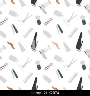 Nahtloses Muster-Friseursalon in Doodle auf weißem Hintergrund. Vintage Retro-Instrumente für den Friseur. Moderner, kreativer, flacher Stil. Vektordarstellung des Stock Vektor