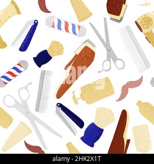 Nahtloses Muster-Friseursalon in Doodle auf weißem Hintergrund. Vintage Retro-Instrumente in leuchtenden Farben für den Friseur. Moderner, kreativer, flacher Stil. Vecto Stock Vektor