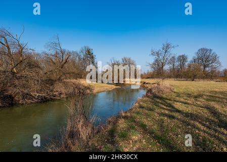 Schlängelnder Fluss Odra in der Nähe von Petrvaldik in CHKO Poodri in Tschechien mit Wiese und Bäumen während eines schönen Frühlingstages Stockfoto