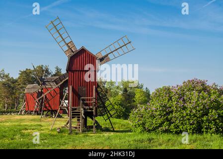 Schweden, Insel Oland, Storlinge, antike Holzwindmühlen Stockfoto