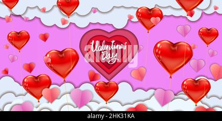 Valentinstag papercut Handwerk Design horizontalen Banner, rot rosa Ballon Herzen und Wolken. Vorlage Hintergrund für Grußkarte, Verkauf, Einladung Stock Vektor