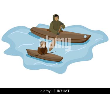 Zusammensetzung traditionelle Eskimo Mann und Kind schwimmenden Kajak mit Paddel isoliert auf weißem Hintergrund. Mann trainiert Schwimmer Kind auf dem Boot. Flache Cartoon vec Stock Vektor
