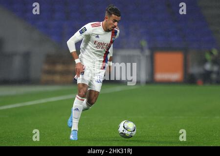 Lyon, Frankreich. 1st. Februar 2022. Malo Gusto von Lyon während des Spiels der Uber Eats Ligue 1 im Groupama Stadium, Lyon. Bildnachweis sollte lauten: Jonathan Moscrop/Sportimage Kredit: Sportimage/Alamy Live News Stockfoto