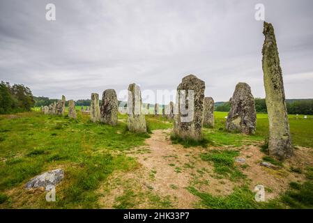 Schweden, Bohuslan, Blomsholm, Blomsholmsskeppet, Steinschiffskreis, Eisenzeit-Grabstätte, 400-600 n. Chr. Stockfoto