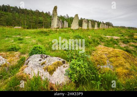 Schweden, Bohuslan, Blomsholm, Blomsholmsskeppet, Steinschiffskreis, Eisenzeit-Grabstätte, 400-600 n. Chr. Stockfoto