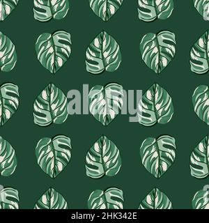 Tropisches Nahtloses Muster auf grünem Hintergrund. Abstrakte Textur Dekoration mit Blatt Monstera echte Farbe mit schwarzem Umriss. Mode der sommerlichen Natur Stock Vektor