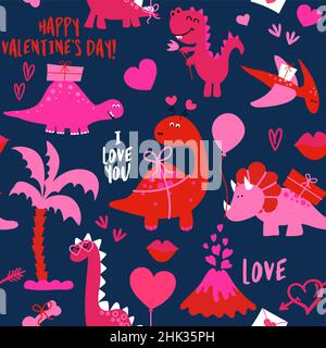 Dino Valentine's Day - Lustige Cartoon-Dinosaurier, Knochen und Eier. Niedlicher t rex, Charaktere. Handgezeichnetes Vektor-Doodle-Set für Kinder. Gut für Textilien, nu Stock Vektor