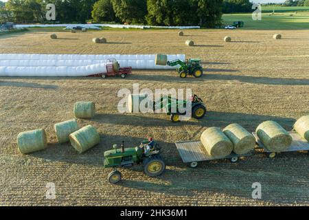 Luftaufnahme des Ladens von runden Heuballen auf Waggons und der Verpackung von Ballen, Marion County, Illinois Stockfoto