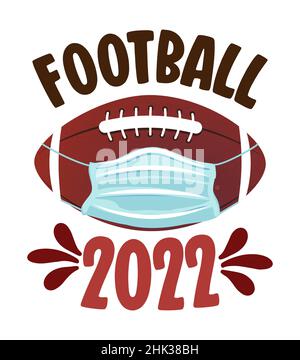Fußball-Saison 2022, American Football Ball mit einer Gesichtsmaske - Stop Coronavirus covid-19 Ausbruch. Soziale Distanz. Absage von Sportturnieren Stock Vektor