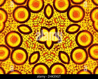 Sonnenblume Kaleidoskop Hintergrund. Schöne gelbe Sonnenblumen nahtloses Muster. Einzigartige Kaleidoskop Mosaik Textur. Sommerzeitblumen-Thema Stockfoto