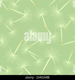 Zufällige weiße Dandelion-Elemente nahtloses Muster in handgezeichneter Form. Hellgrüner Hintergrund. Flacher Vektor-Druck für Textil, Stoff, Geschenkkarte, Wallpap Stock Vektor