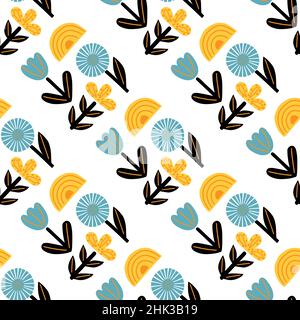 Für Kinder gibt es ein nahtloses Muster mit gelben Regenbogen, schwarzen Blättern und blauen Blumen. Isolierte botanische Kunstwerke. Flacher Vektordruck für Textil, Stoff, Geschenk Stock Vektor