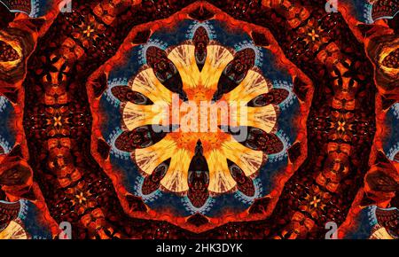 Ginger groovig Kaleidoskop abstraktes nahtloses Muster mit runden kaleidoskopisch leuchtenden Elementen. Stockfoto