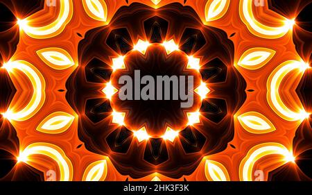Warmgelbes Kaleidoskop. Im Herbst Mit Spiralmuster Und Tie-Dye-Muster. Kaleidoskopische Textur. Zigeunerkleid. Warme Farben Farbmix-Design. Indonesischer Stoff In Warmen Farben Stockfoto
