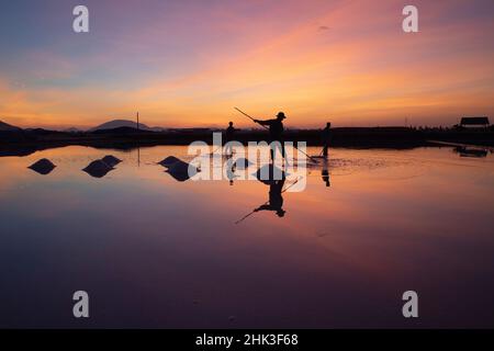 Vietnam. DOC Lassen Sie Salzsee. Arbeiter ernten das Salz. Sonnenaufgang am frühen Morgen. Stockfoto