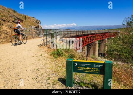 Radler, der die Brücke über den Manuherikia River auf dem Otago Central Rail Trail, Otago, South Island, Neuseeland überquert (nur zur redaktionellen Verwendung) Stockfoto