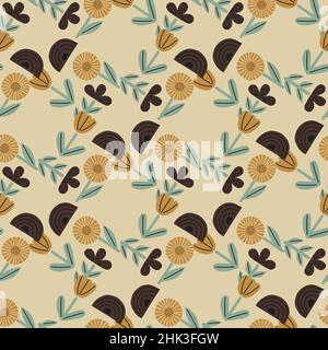 Dekoratives Nahtloses Muster mit braunen Blüten und Regenbogendruck. Hintergrund in Pastellbeige. Flacher Vektordruck für Textil, Stoff, Geschenkdrap, wa Stock Vektor
