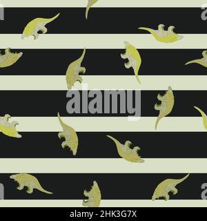 Art Jungle nahtloses Muster mit grünem, zufälligem Dinosaurierdruck. Gestreifter schwarzer und heller Hintergrund. Abbildung des Bestandes. Vektor-Design für Textil, fabr Stock Vektor