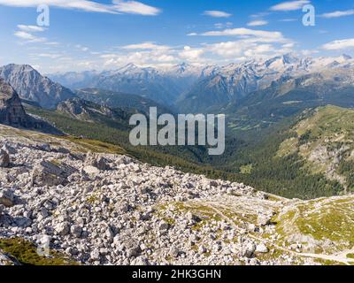 Blick über das Val Rendena in Richtung Adamello-Gruppe. Die Brenta-Dolomiten, UNESCO-Weltkulturerbe. Italien, Trentino, Val Rendena Stockfoto