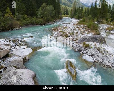 Fluss Sarca. Val di Genova im Parco Naturale Adamello, Brenta, Trentino, Italien, Val Rendena Stockfoto