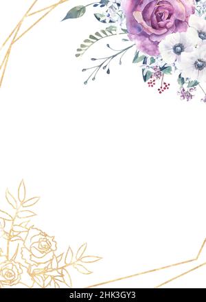 Geometrischer Blumenrahmen mit violetten Rosen und Anemonen in einer Glasvase auf weißem, isoliertem Hintergrund. Handgezeichnete Aquarellillustration. Stockfoto