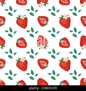 Nahtloses Muster mit roten Erdbeeren, Blättern und Blumen. Niedlicher Sommer- oder Frühlingsdruck. Mit Beeren Festliche Dekoration für Textilien, Geschenkpapier und Design. Vektorgrafik flach Stock Vektor