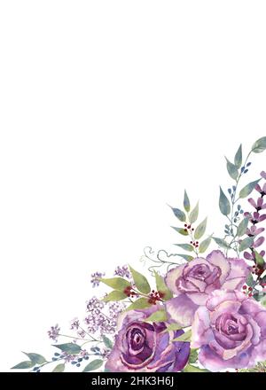 Geometrischer Blumenrahmen mit violetten Rosen und Anemonen in einer Glasvase auf weißem, isoliertem Hintergrund. Handgezeichnete Aquarellillustration. Stockfoto