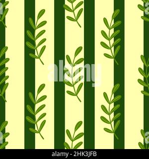 Scrapbook nahtlose botanische Muster mit einfachen Blatt-Banches Ornament. Grün gestreifter Hintergrund. Grafikdesign für Geschenkpapier und Stofftextur. Stock Vektor