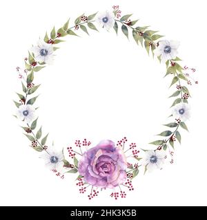 Blumenkranz mit violetten Rosen und Anemonen auf weißem, isoliertem Hintergrund. Handgezeichnete Aquarellillustration Stockfoto